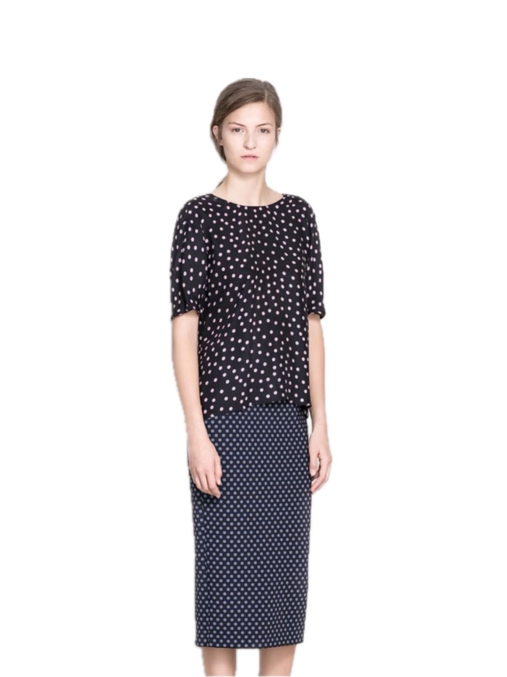 Zara Skirt Polka Dot Pencil Navy Light Blue Fitted Stretch High Waisted Midi XS